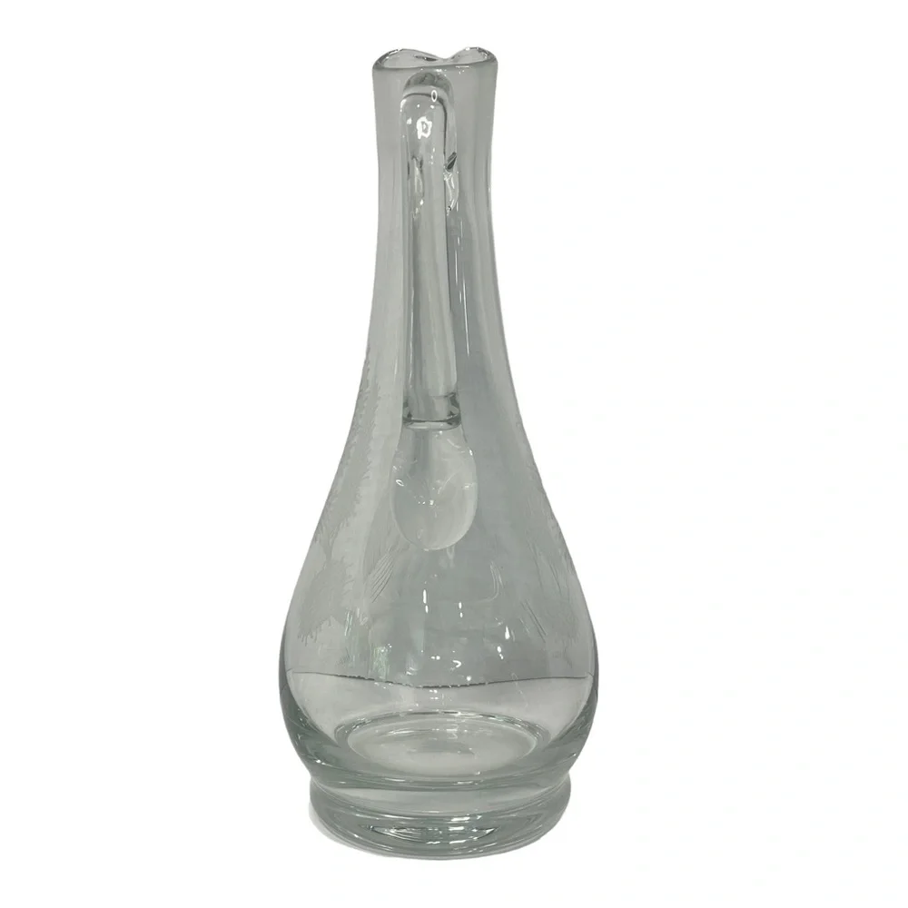 Etched Clear Glass Long Neck Bar Carafe 11” Owl Tree Branch Elegant Barware